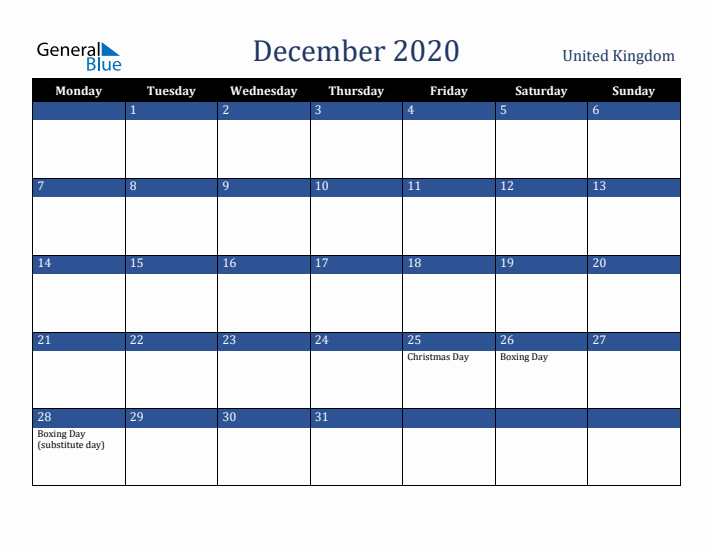 December 2020 United Kingdom Calendar (Monday Start)