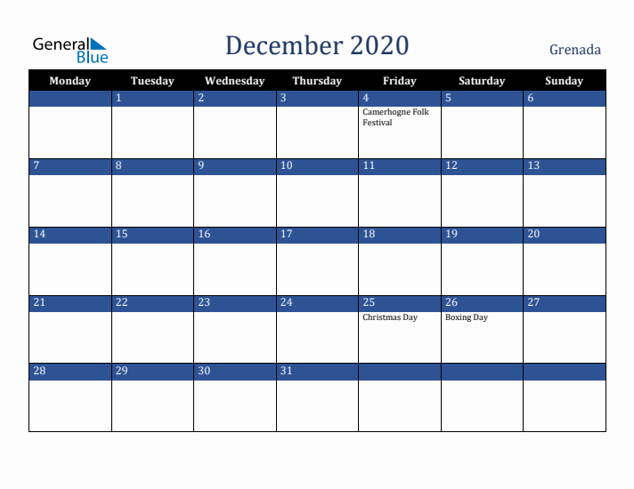 December 2020 Grenada Calendar (Monday Start)