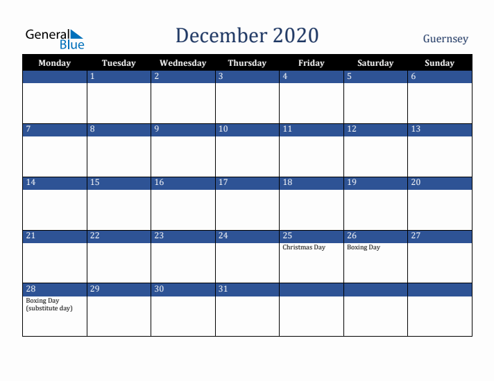 December 2020 Guernsey Calendar (Monday Start)