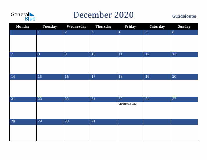 December 2020 Guadeloupe Calendar (Monday Start)