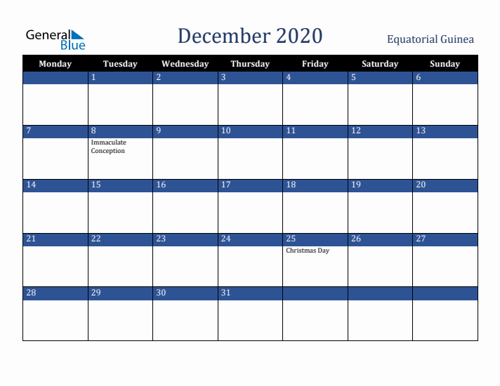 December 2020 Equatorial Guinea Calendar (Monday Start)