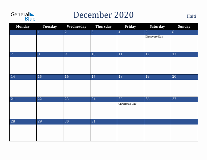 December 2020 Haiti Calendar (Monday Start)
