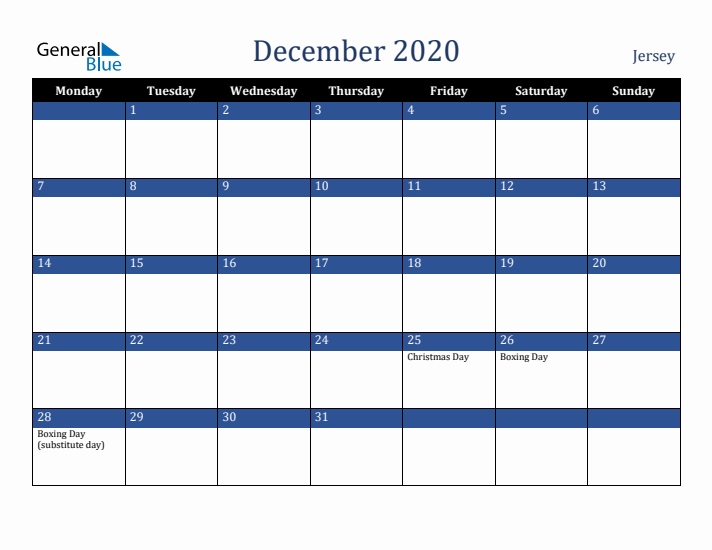 December 2020 Jersey Calendar (Monday Start)