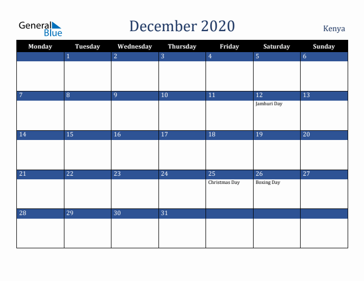 December 2020 Kenya Calendar (Monday Start)