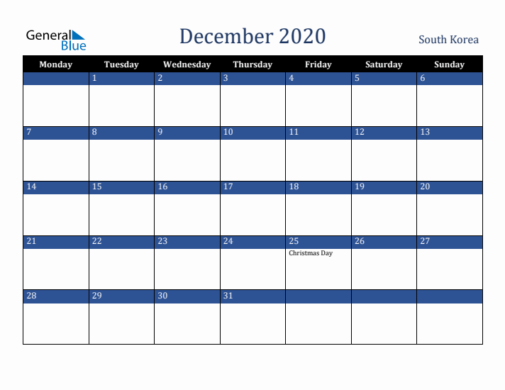 December 2020 South Korea Calendar (Monday Start)