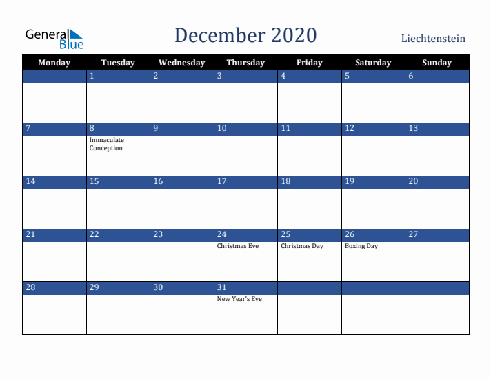 December 2020 Liechtenstein Calendar (Monday Start)