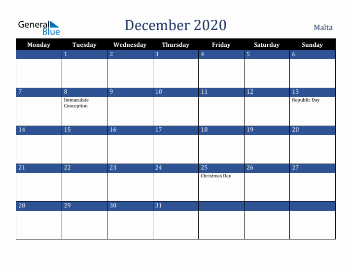 December 2020 Malta Calendar (Monday Start)