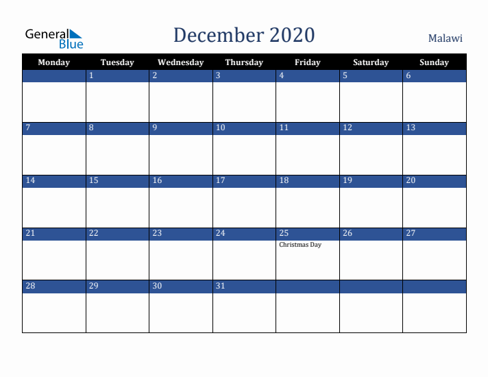December 2020 Malawi Calendar (Monday Start)