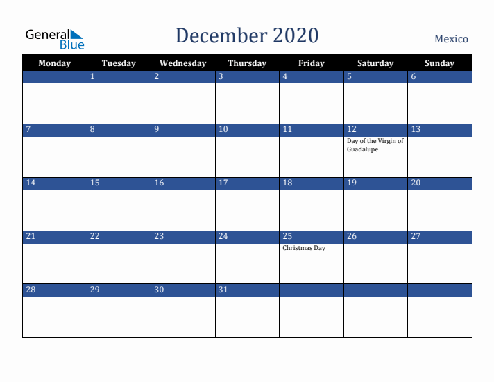 December 2020 Mexico Calendar (Monday Start)