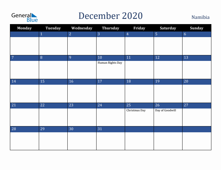 December 2020 Namibia Calendar (Monday Start)