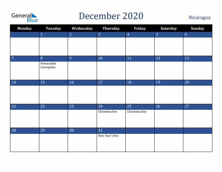 December 2020 Nicaragua Calendar (Monday Start)