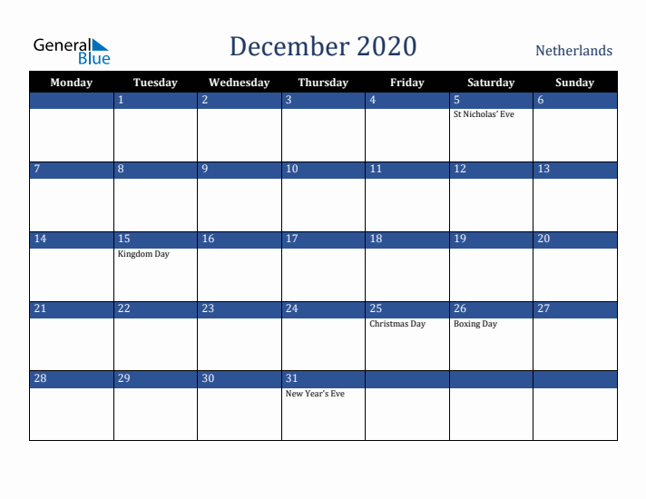 December 2020 The Netherlands Calendar (Monday Start)