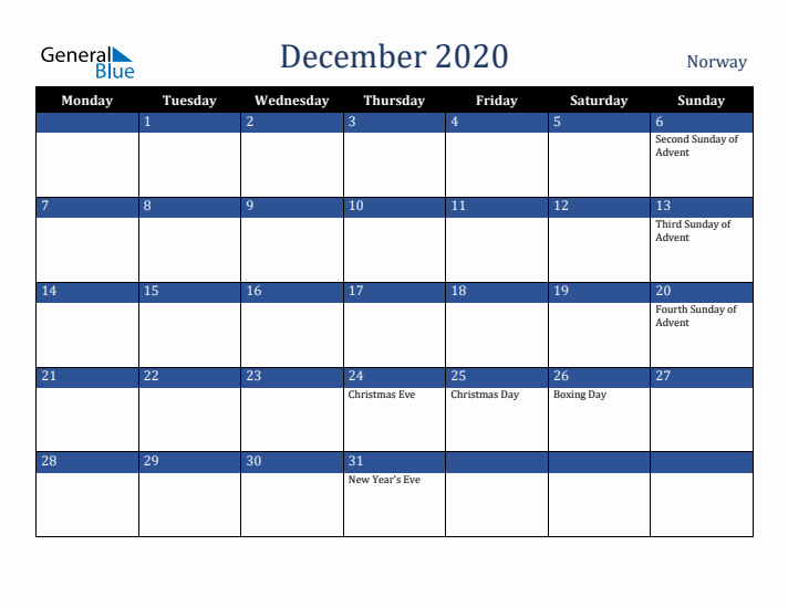December 2020 Norway Calendar (Monday Start)