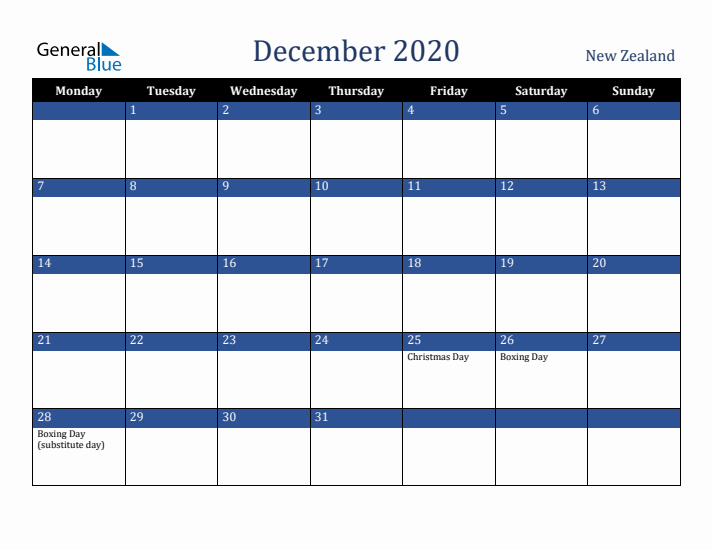 December 2020 New Zealand Calendar (Monday Start)