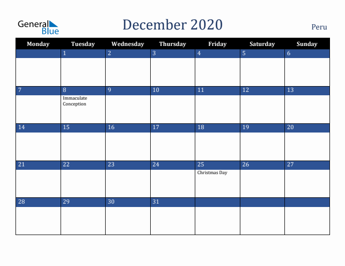 December 2020 Peru Calendar (Monday Start)