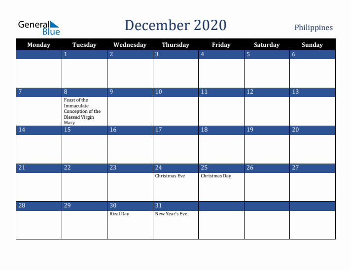 December 2020 Philippines Calendar (Monday Start)