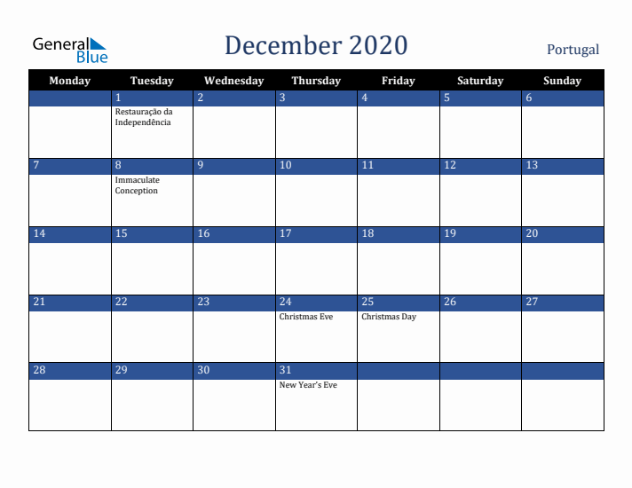 December 2020 Portugal Calendar (Monday Start)