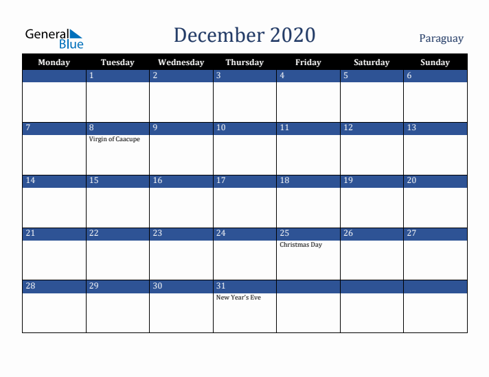December 2020 Paraguay Calendar (Monday Start)
