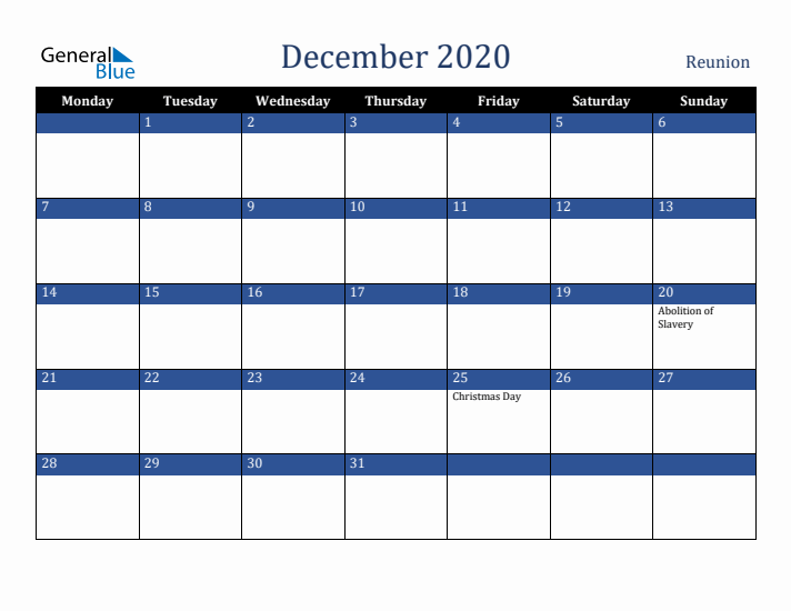 December 2020 Reunion Calendar (Monday Start)