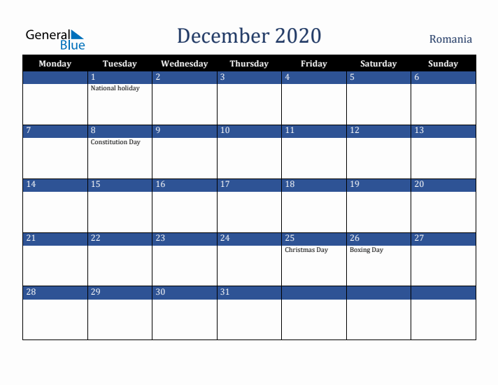 December 2020 Romania Calendar (Monday Start)