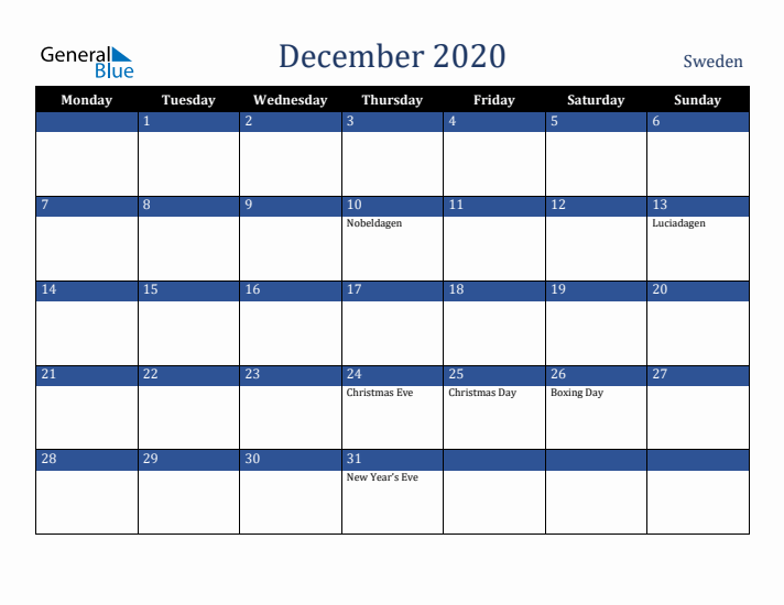 December 2020 Sweden Calendar (Monday Start)