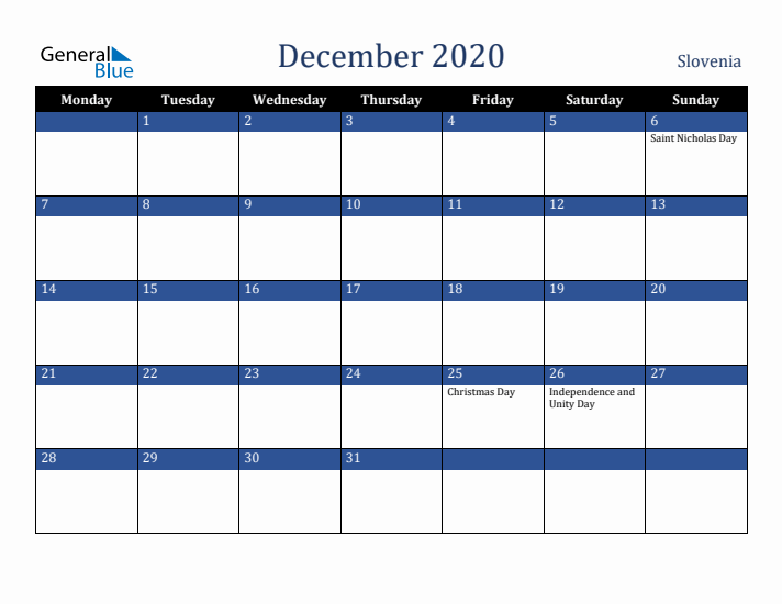 December 2020 Slovenia Calendar (Monday Start)