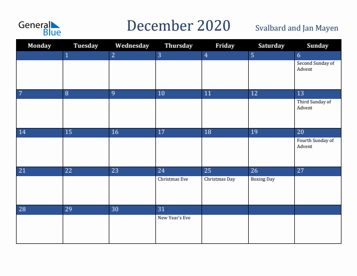 December 2020 Svalbard and Jan Mayen Calendar (Monday Start)