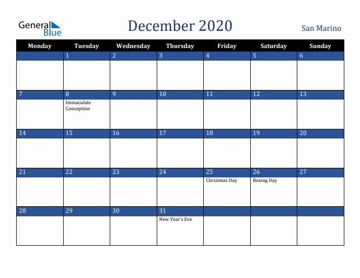 December 2020 San Marino Calendar (Monday Start)