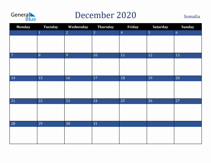 December 2020 Somalia Calendar (Monday Start)