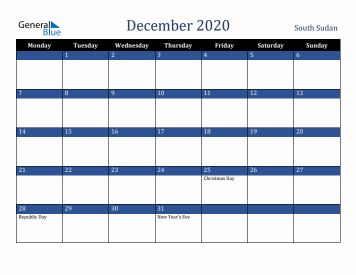 December 2020 South Sudan Calendar (Monday Start)