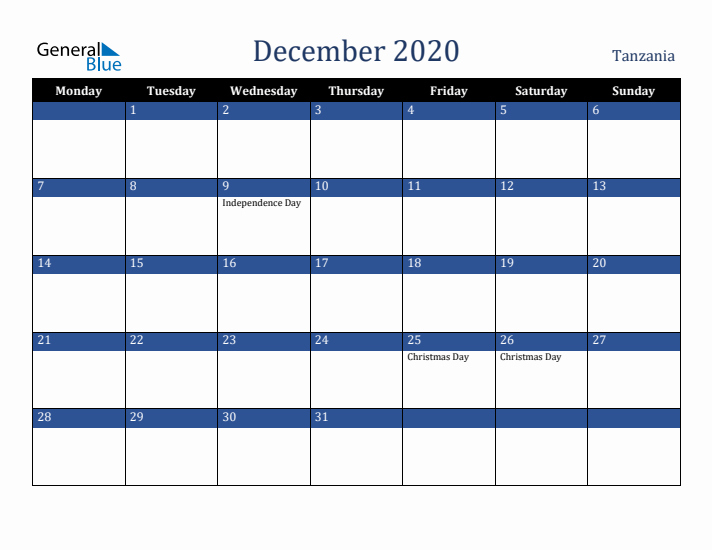 December 2020 Tanzania Calendar (Monday Start)