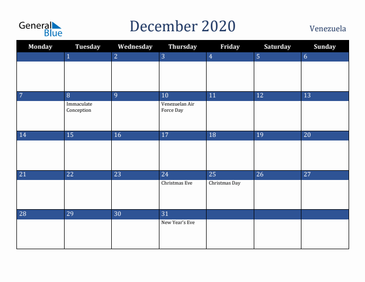 December 2020 Venezuela Calendar (Monday Start)