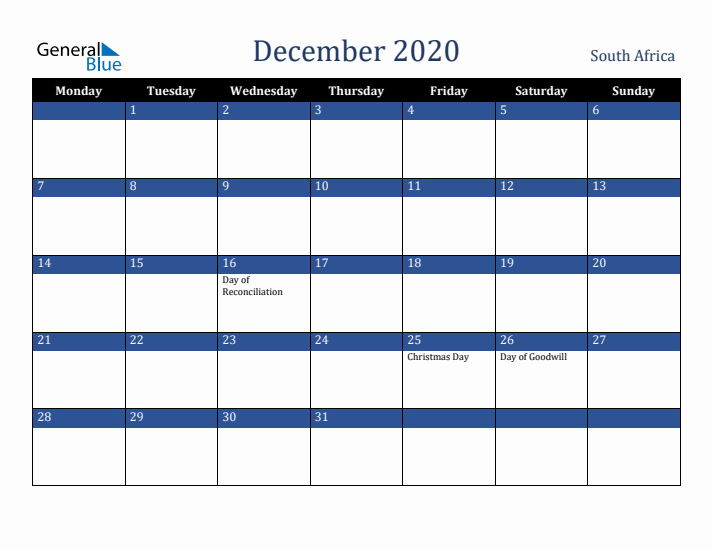 December 2020 South Africa Calendar (Monday Start)
