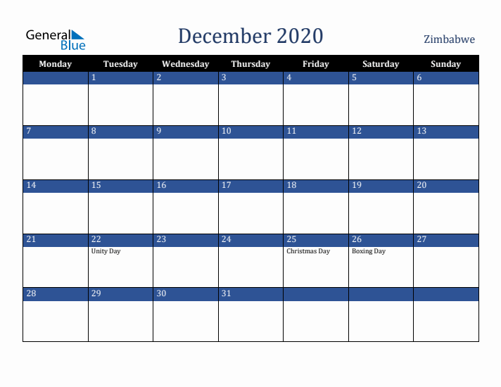 December 2020 Zimbabwe Calendar (Monday Start)