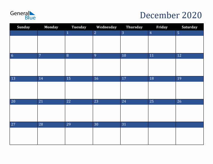 Sunday Start Calendar for December 2020