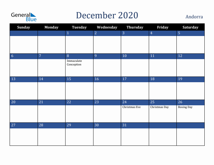 December 2020 Andorra Calendar (Sunday Start)