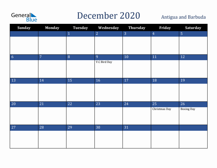 December 2020 Antigua and Barbuda Calendar (Sunday Start)