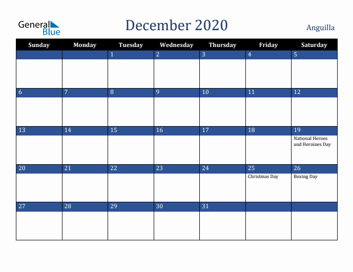 December 2020 Anguilla Calendar (Sunday Start)