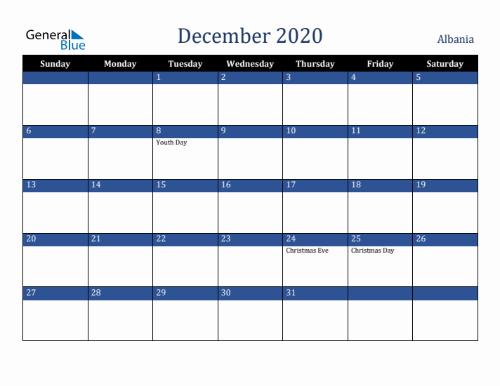 December 2020 Albania Calendar (Sunday Start)