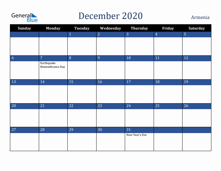December 2020 Armenia Calendar (Sunday Start)