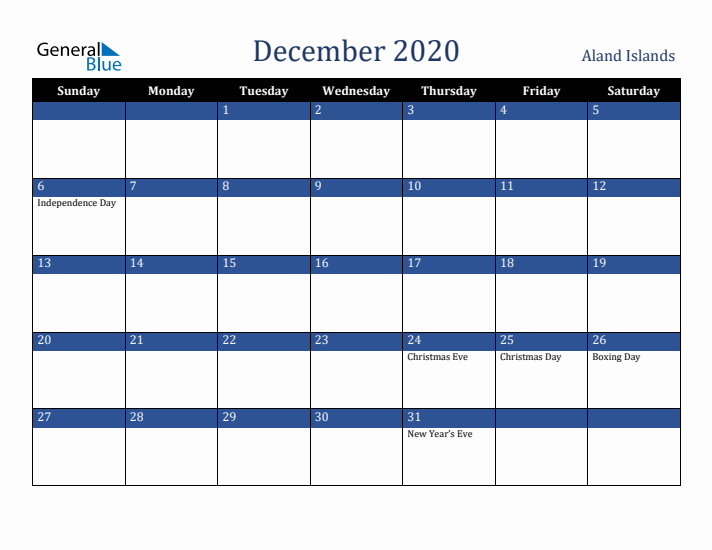 December 2020 Aland Islands Calendar (Sunday Start)