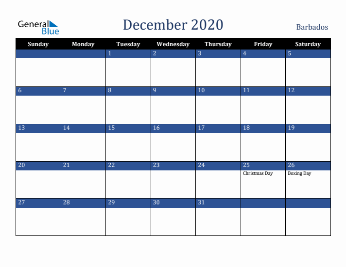 December 2020 Barbados Calendar (Sunday Start)