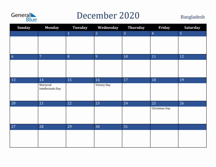 December 2020 Bangladesh Calendar (Sunday Start)