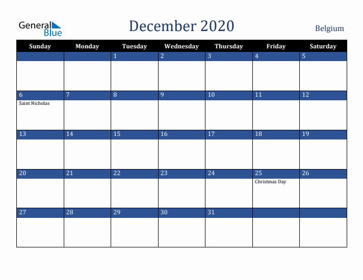December 2020 Belgium Calendar (Sunday Start)