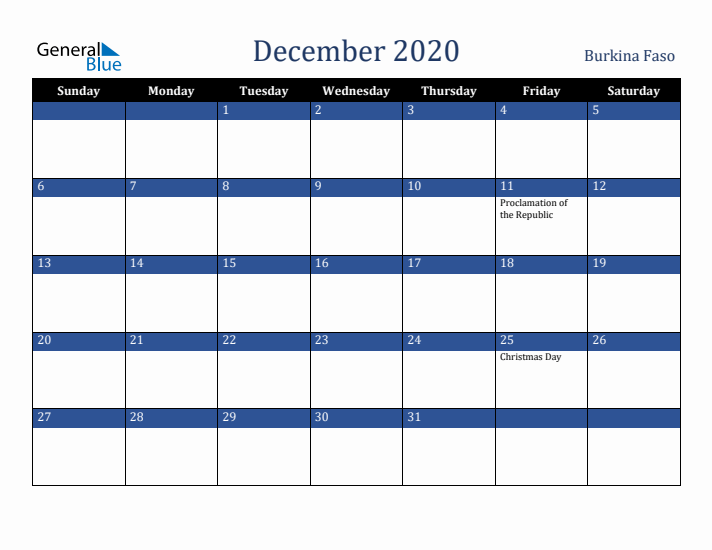 December 2020 Burkina Faso Calendar (Sunday Start)