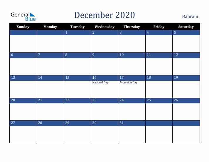 December 2020 Bahrain Calendar (Sunday Start)