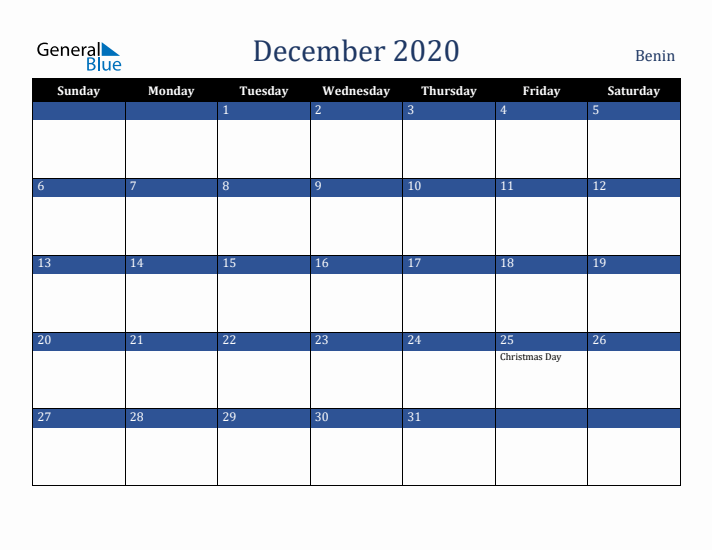 December 2020 Benin Calendar (Sunday Start)