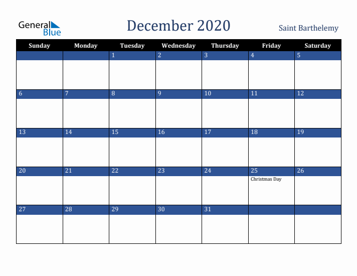December 2020 Saint Barthelemy Calendar (Sunday Start)