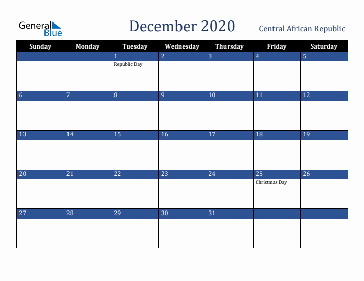 December 2020 Central African Republic Calendar (Sunday Start)