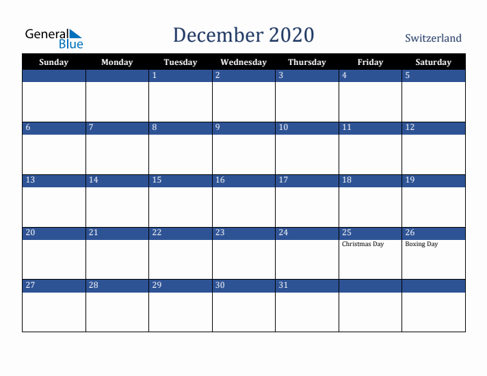 December 2020 Switzerland Calendar (Sunday Start)